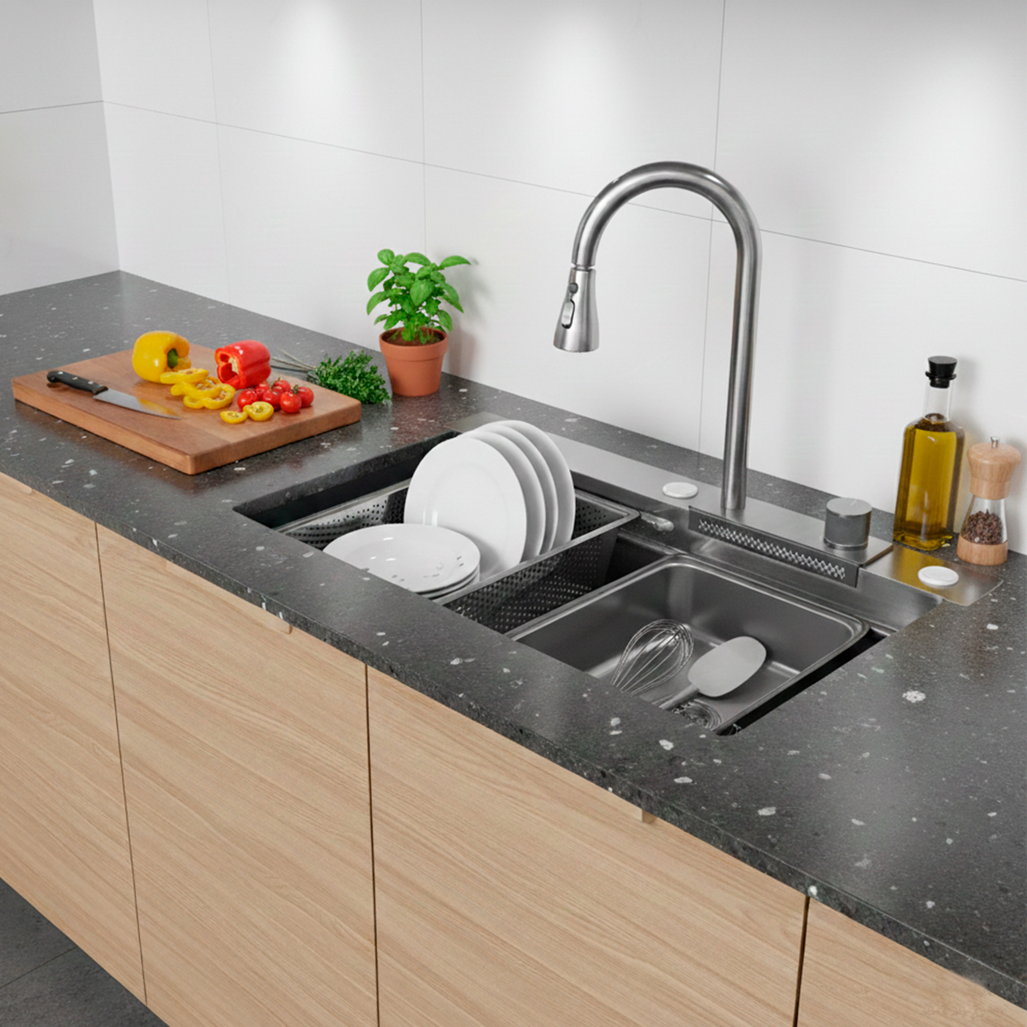 Lavaplatos Negro Acero Inox Con Grifería + Accesorios