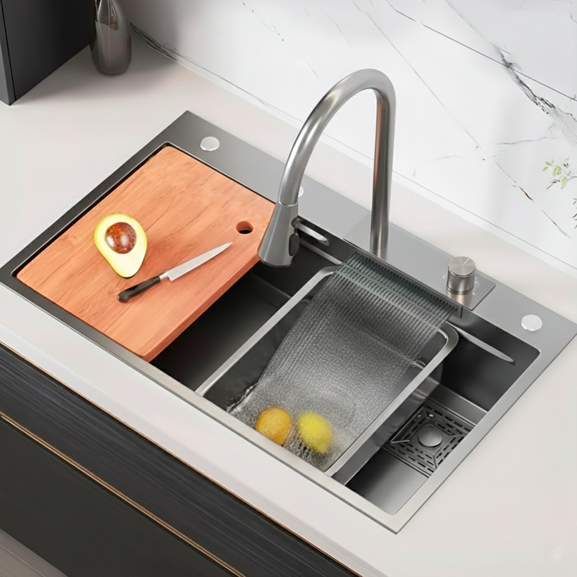 Lavaplatos Negro Acero Inox Con Grifería + Accesorios