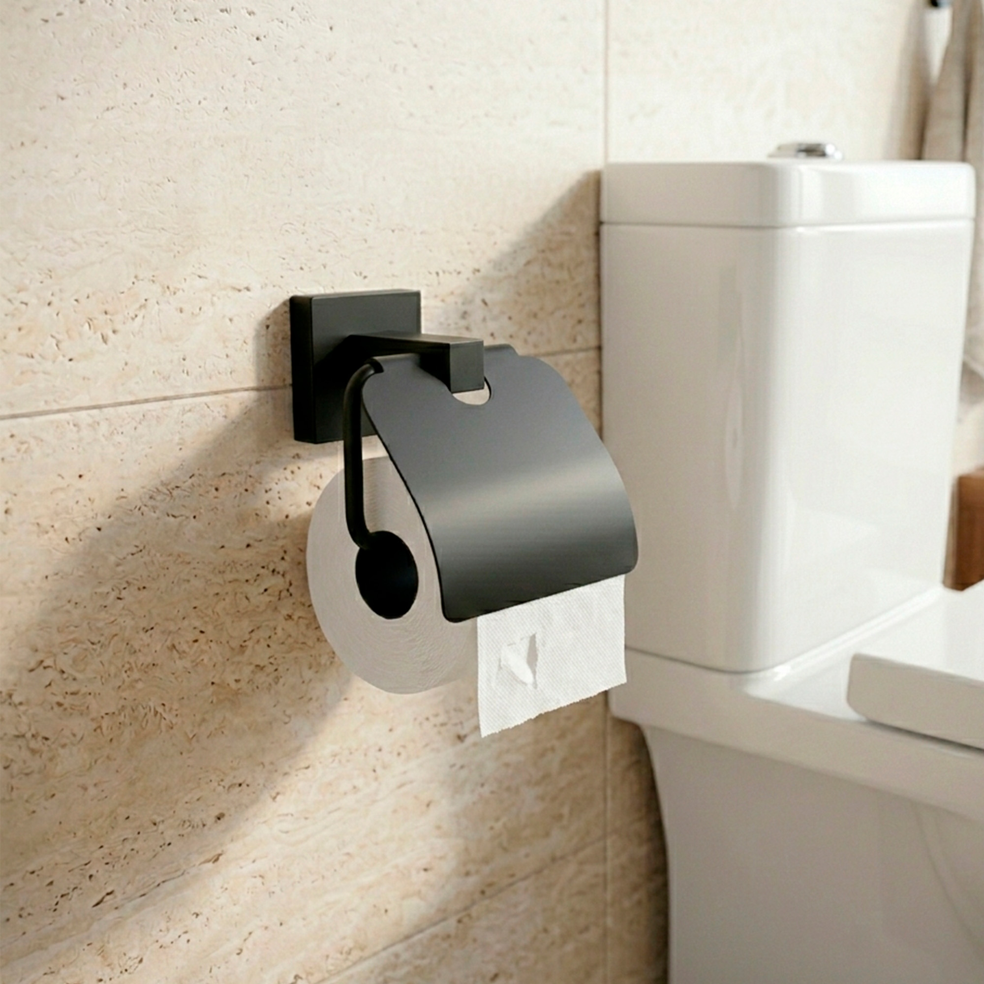 Portarrollo Base Cuadrada Negro Con Cubre Rollo