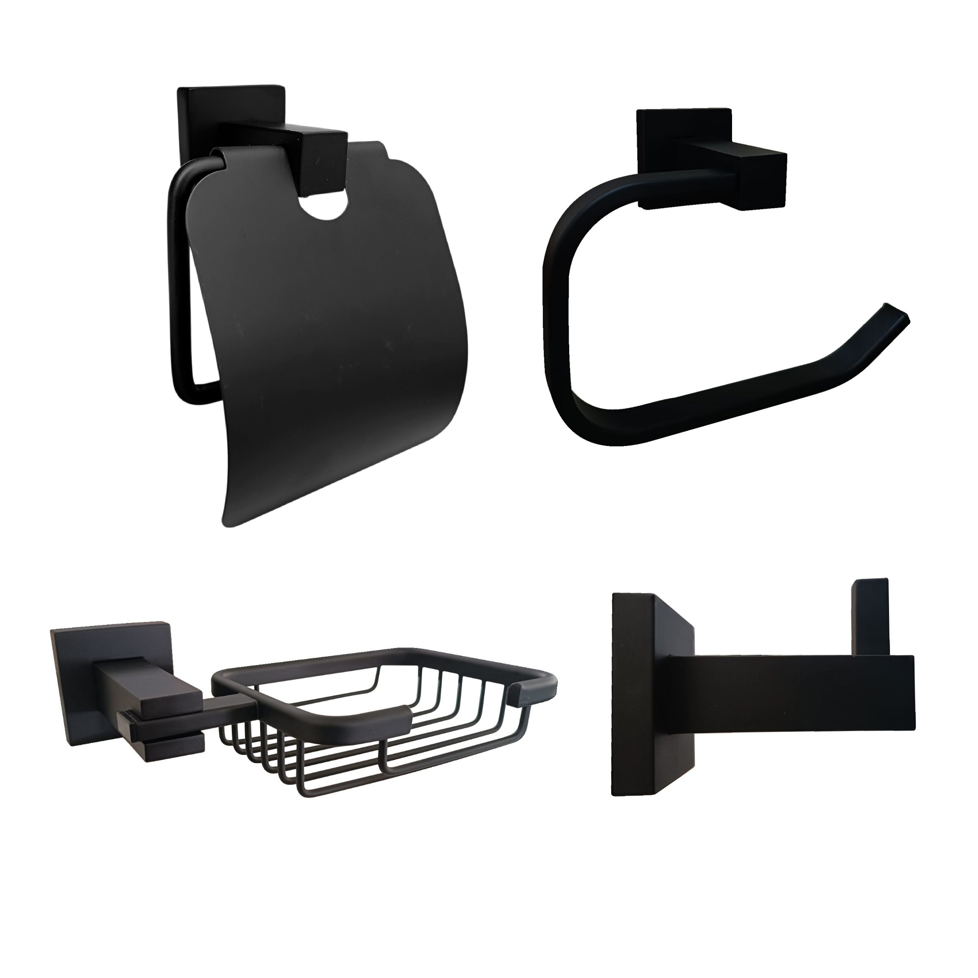 Set Accesorios Baño X4 Piezas Base Cuadrada Negro