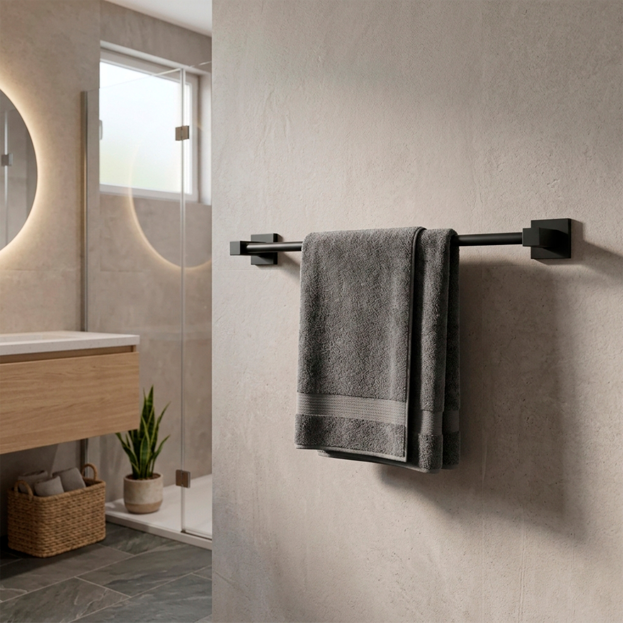 Toallero Barra Cilindrica 60cm Negro Base Cuadrada