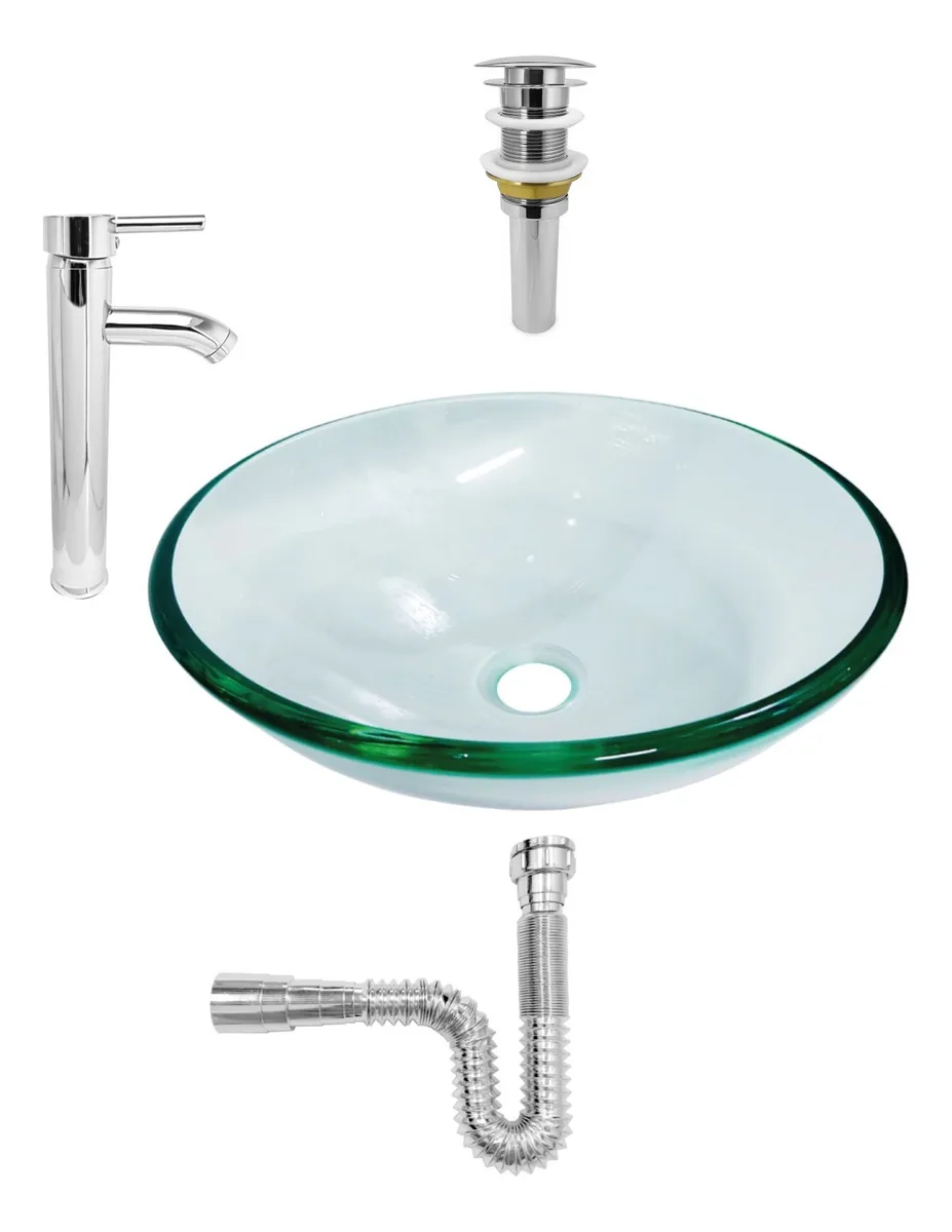 Combo Lavamanos Vidrio Transparente + Griferia + Push C072