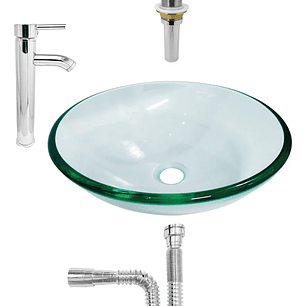Combo Lavamanos Vidrio Transparente + Griferia + Push C072