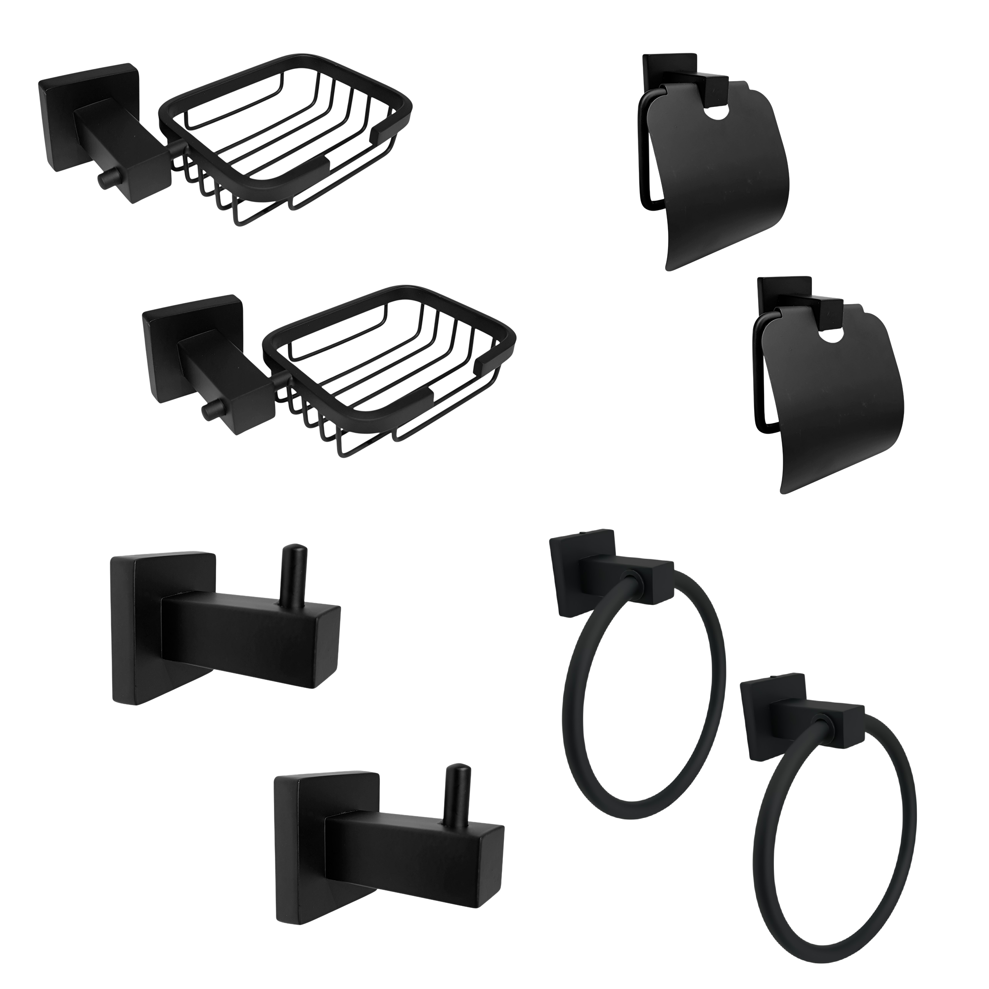 Pack x2 Accesorios Baño Negro Cuadrado x4 Piezas C1323  