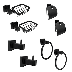 Pack x2 Accesorios Baño Negro Cuadrado x4 Piezas C1323  