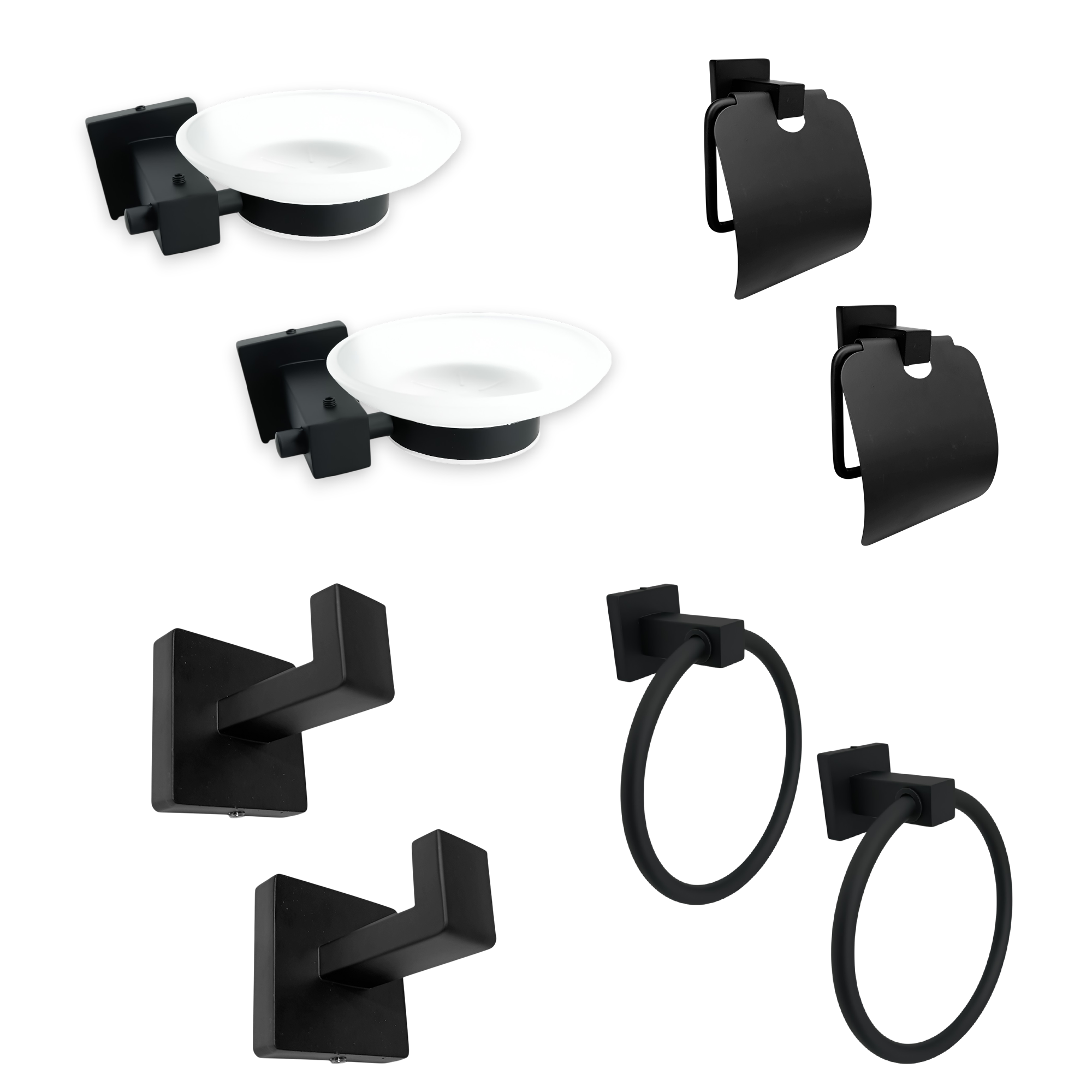 Pack x2 Accesorios Baño Negro Cuadrado x4 Piezas C1324 