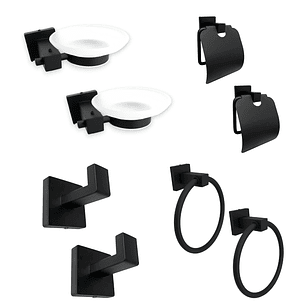 Pack x2 Accesorios Baño Negro Cuadrado x4 Piezas C1324 