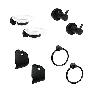 Pack x2 Set Accesorios Baño Negro Redondo x4 Piezas C1329