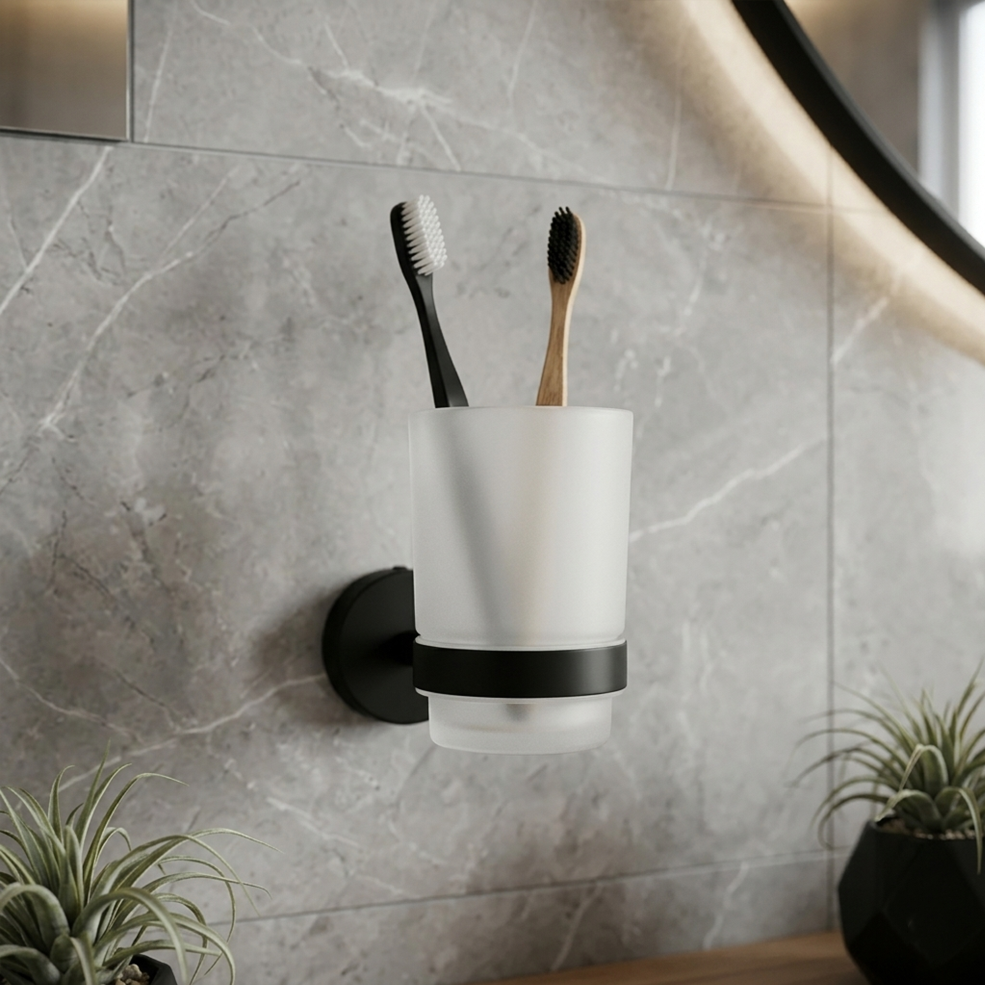 Pack x2 Portacepillos en Vidrio Base Redonda Negra C1339