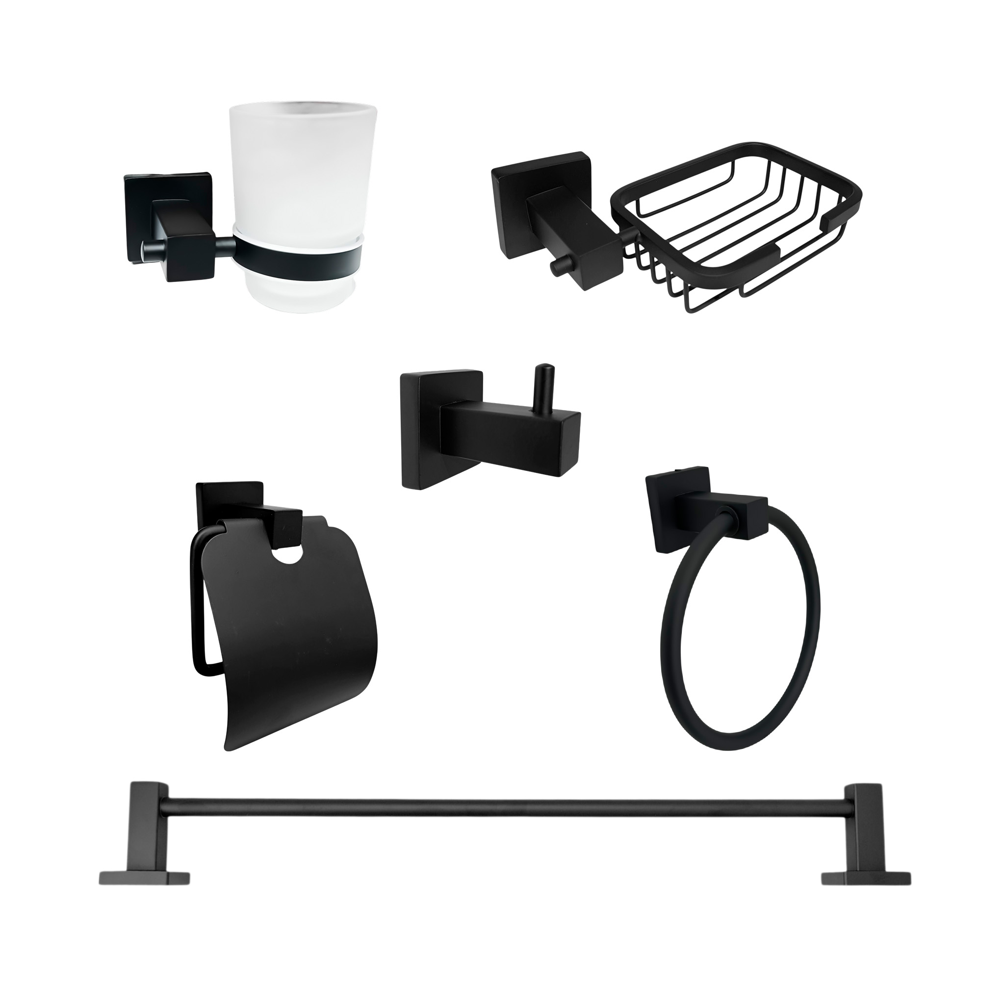 Set Accesorios Baño Negro Cuadrado X6 Piezas C1306