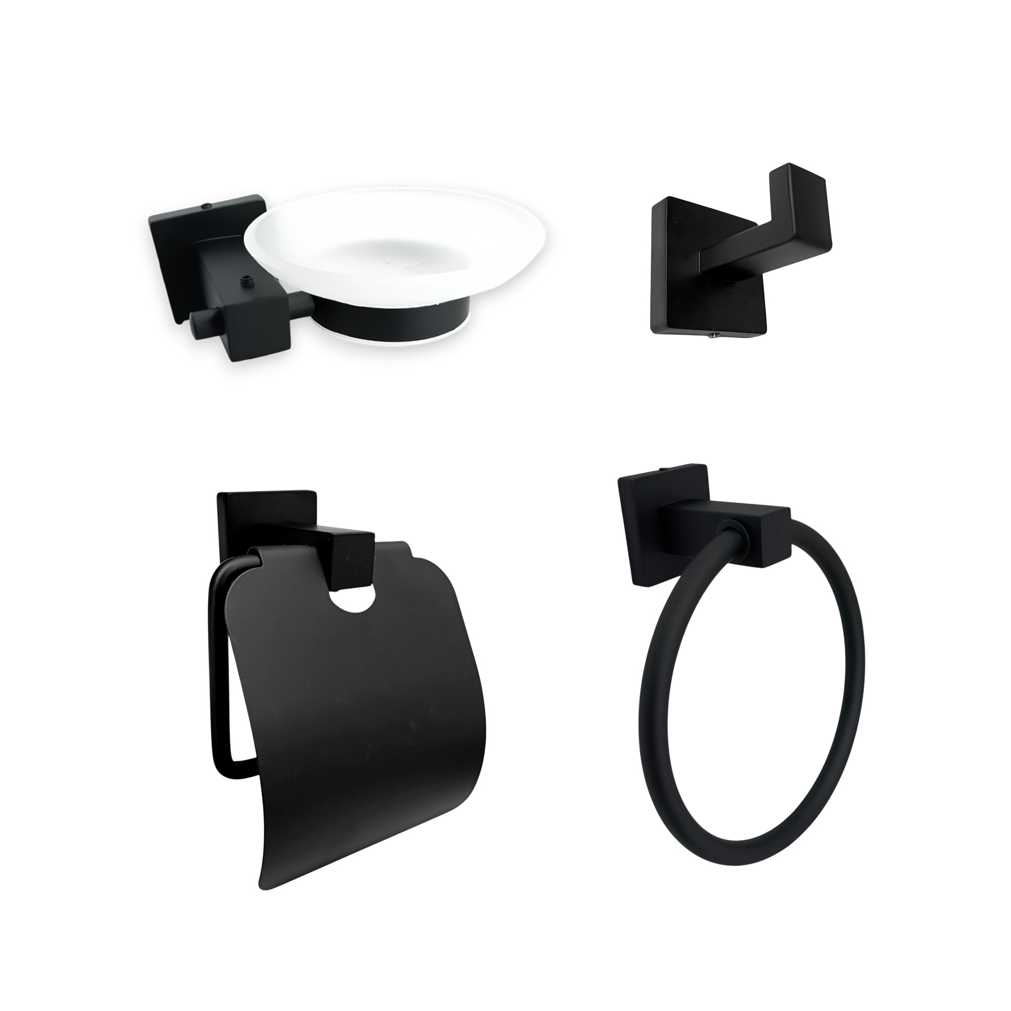 Set Accesorios Baño Negro Cuadrado X4 Piezas C1308