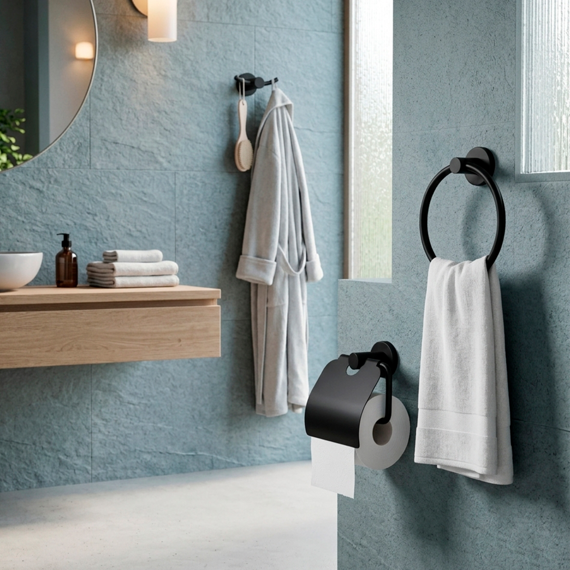 Set Accesorios Baño Negro Redonda X3 Piezas C1318