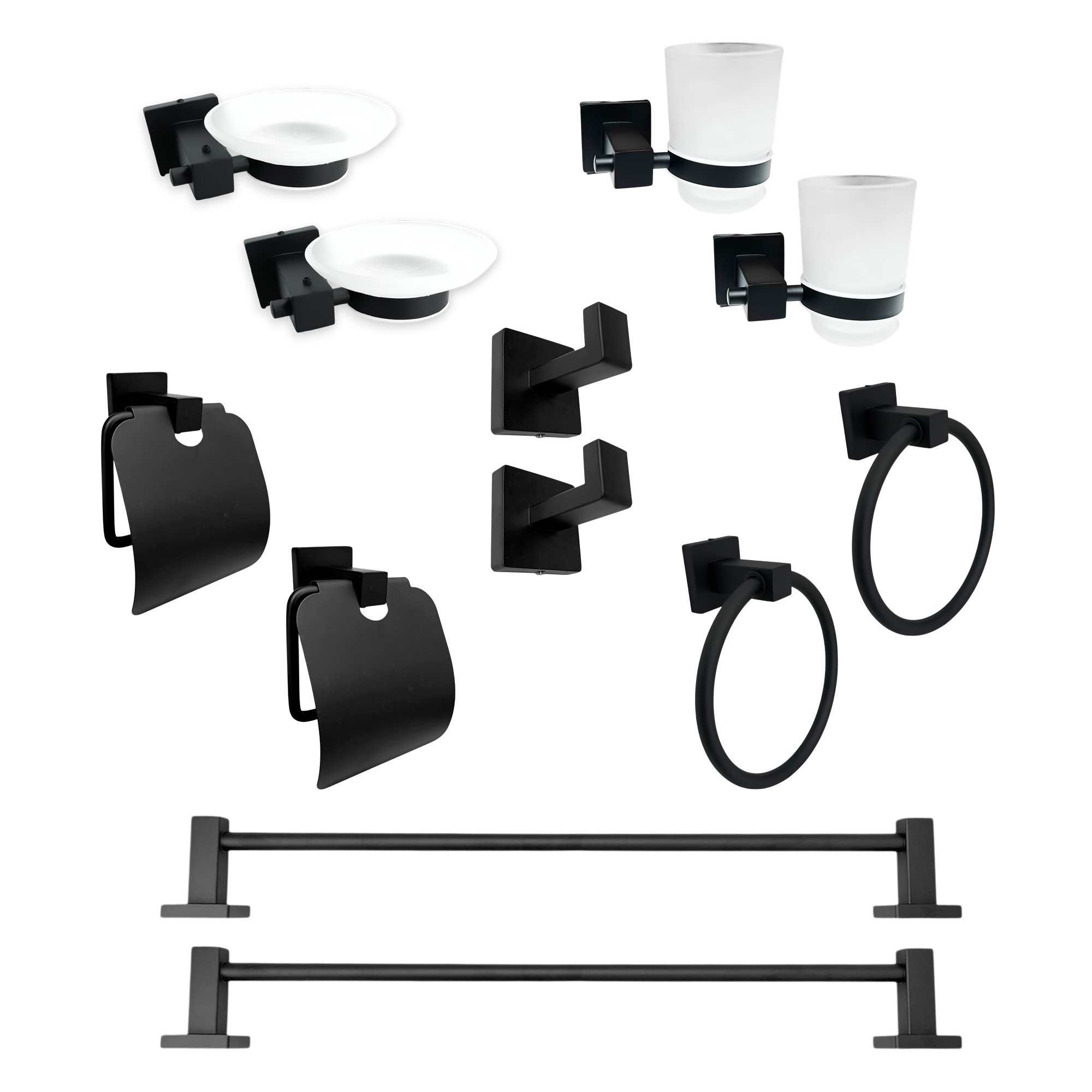 Pack X2 Set Accesorios Baño Negro Cuadrado X6 Piezas C1321