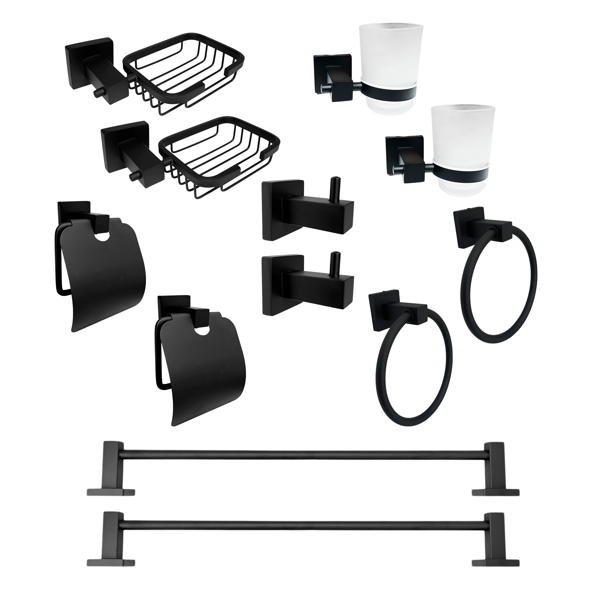 Pack x2 Set Accesorios Baño Negro Cuadrado x6 Piezas C1322