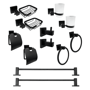 Pack x2 Set Accesorios Baño Negro Cuadrado x6 Piezas C1322