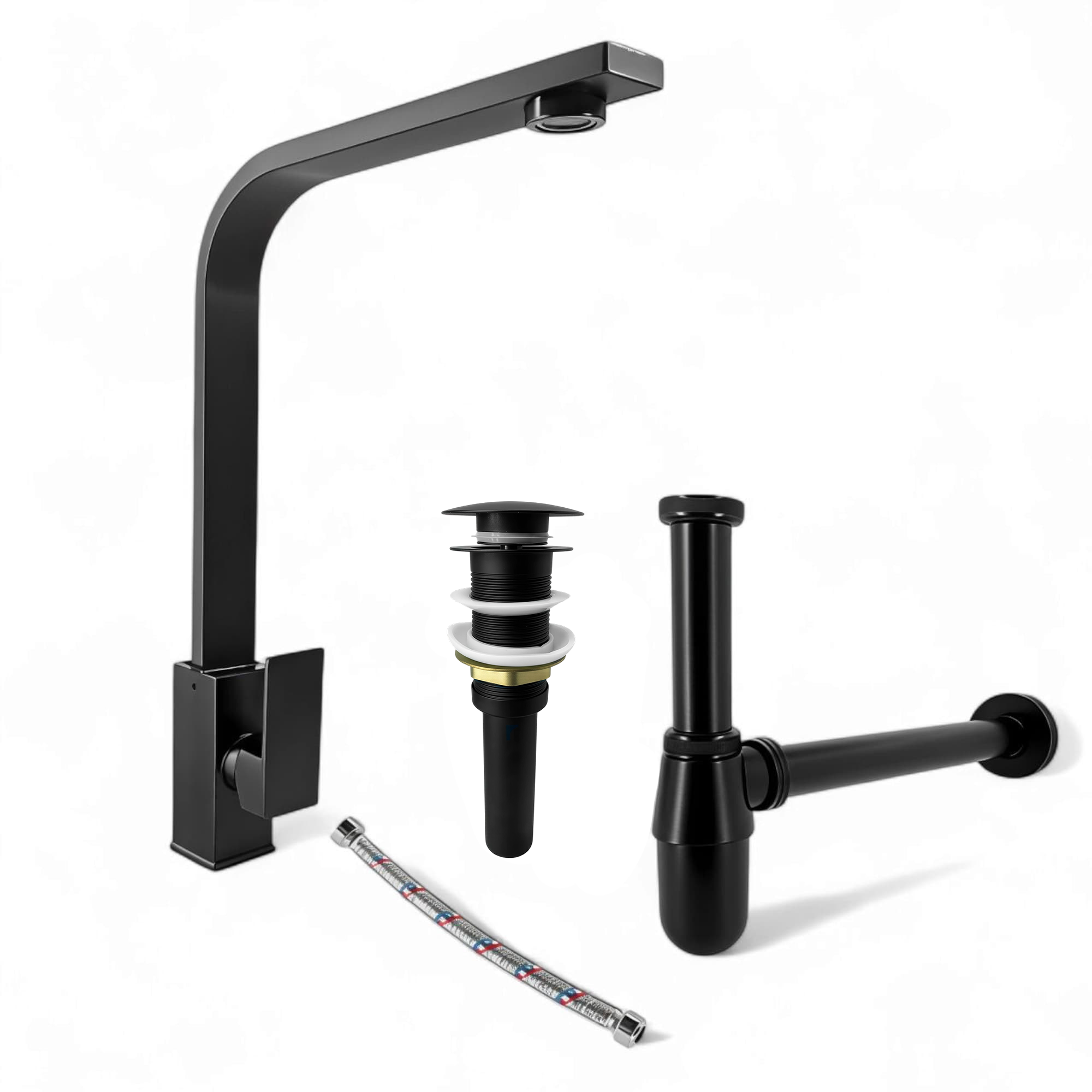 Combo Griferia Lavamanos Agua Fría Negro C893