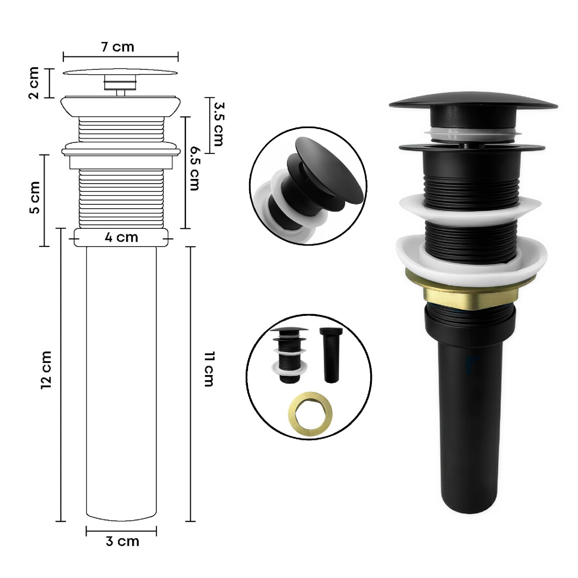 Push Tipo Hongo De Lujo + Desagüe Negro Metálico