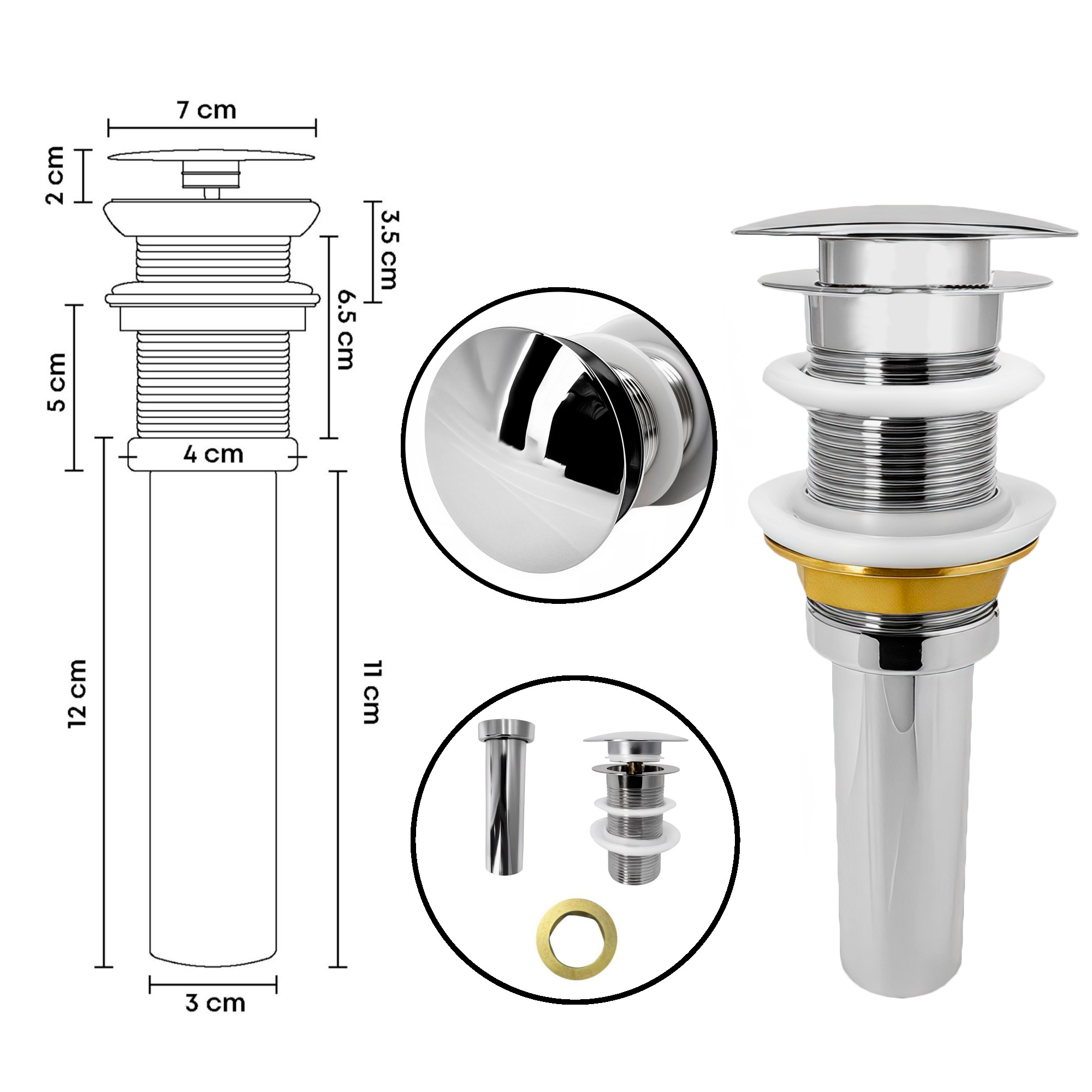 Push Tipo Hongo De Lujo Metalico Sin Rebose + Sifón Pvc