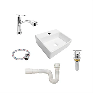 Combo Lavamanos White Vessel 33cm + Grifería Seul + Push + Sifón