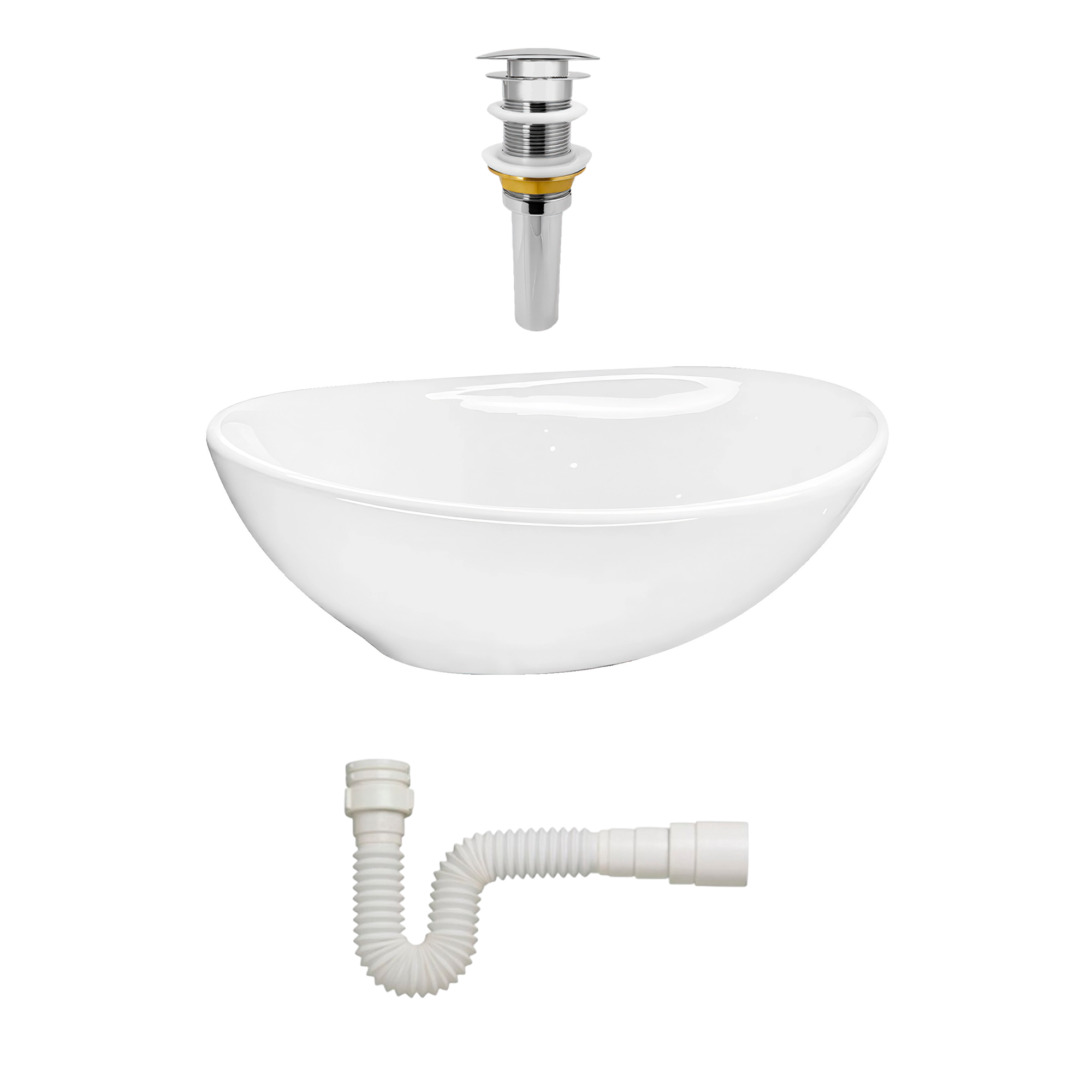 Lavamanos Ovalado En Ceramica Blanco + Push Hongo + Sifon 