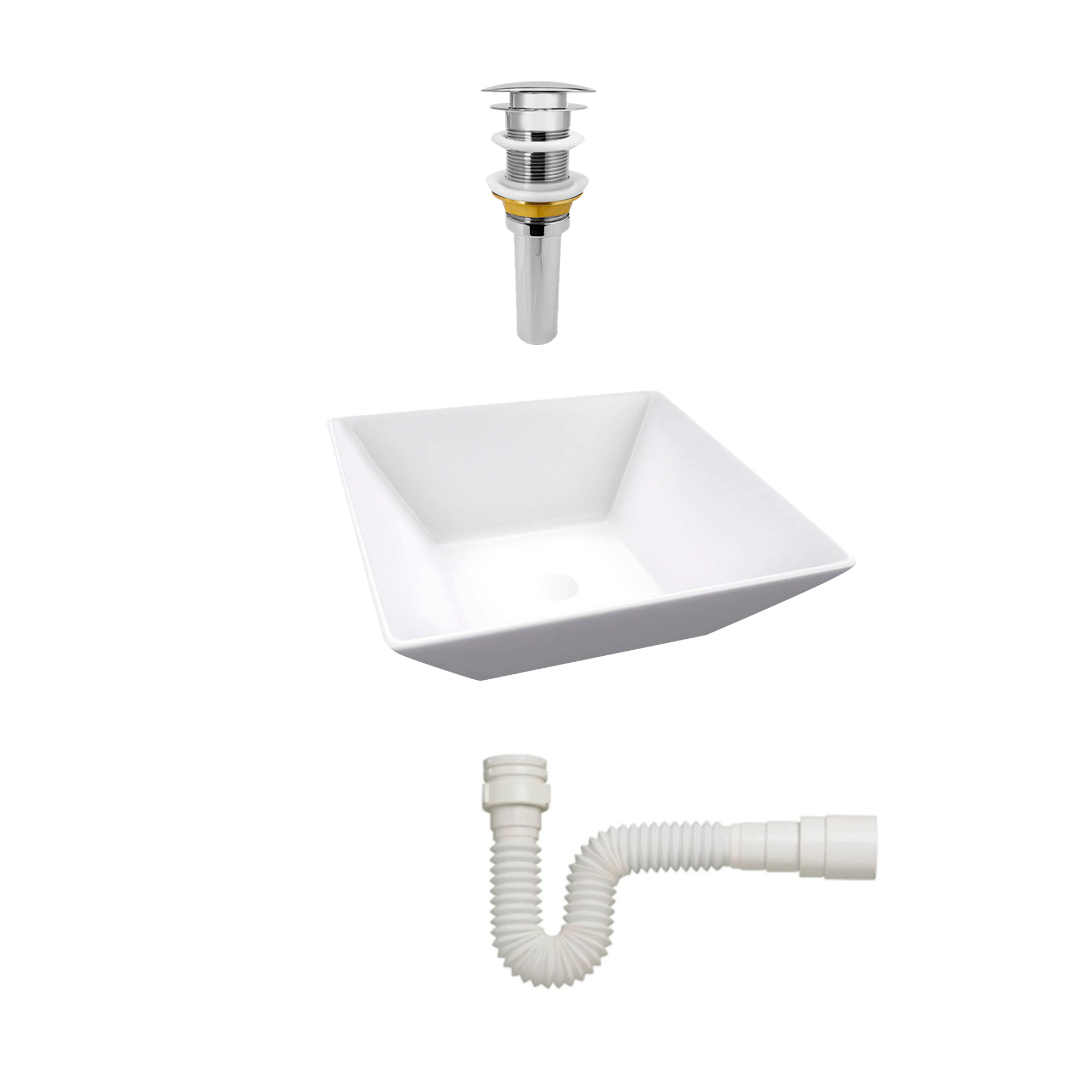 Combo Push + Sifon + Lavamanos En Cerámica Blanco Cuadrado.