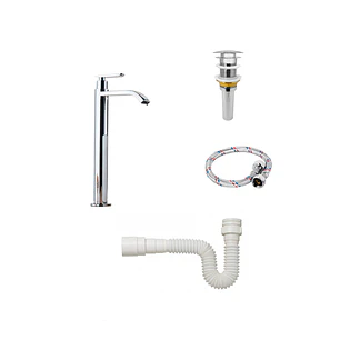 Combo Grifería Alta Lavamanos Agua Fría + Acople + Push + Sifón