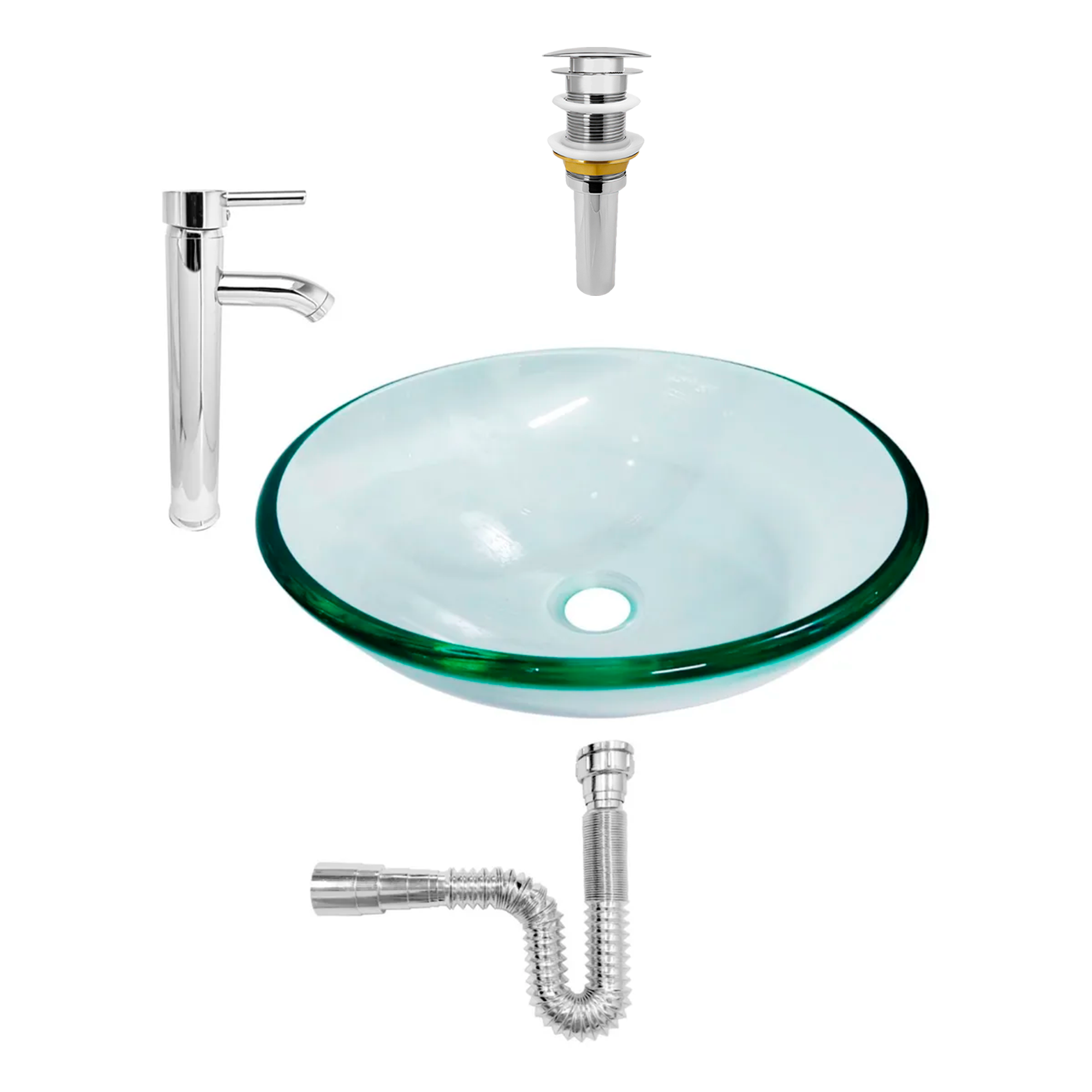 Combo Lavamanos Vidrio Transparente + Griferia + Push C072