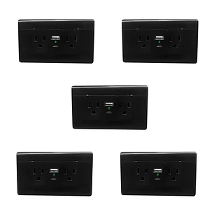 Pack X 5 Unidades Toma + Conector Usb Doble Negro C1355