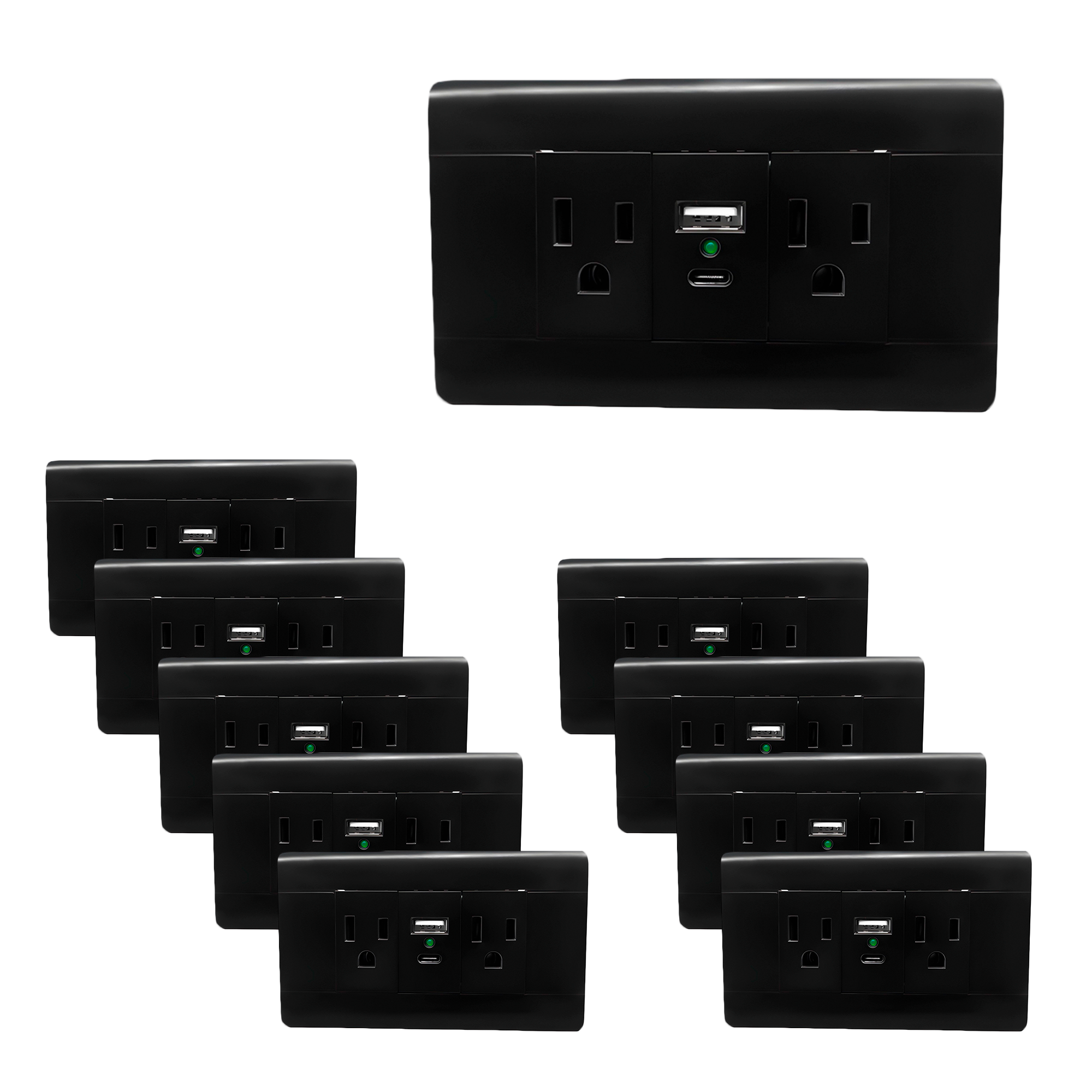 Pack X 10 Unidades Toma + Conector Usb Doble Negro C1356