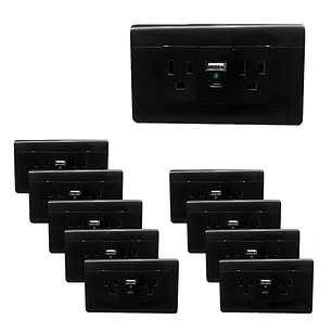 Pack X 10 Unidades Toma + Conector Usb Doble Negro C1356
