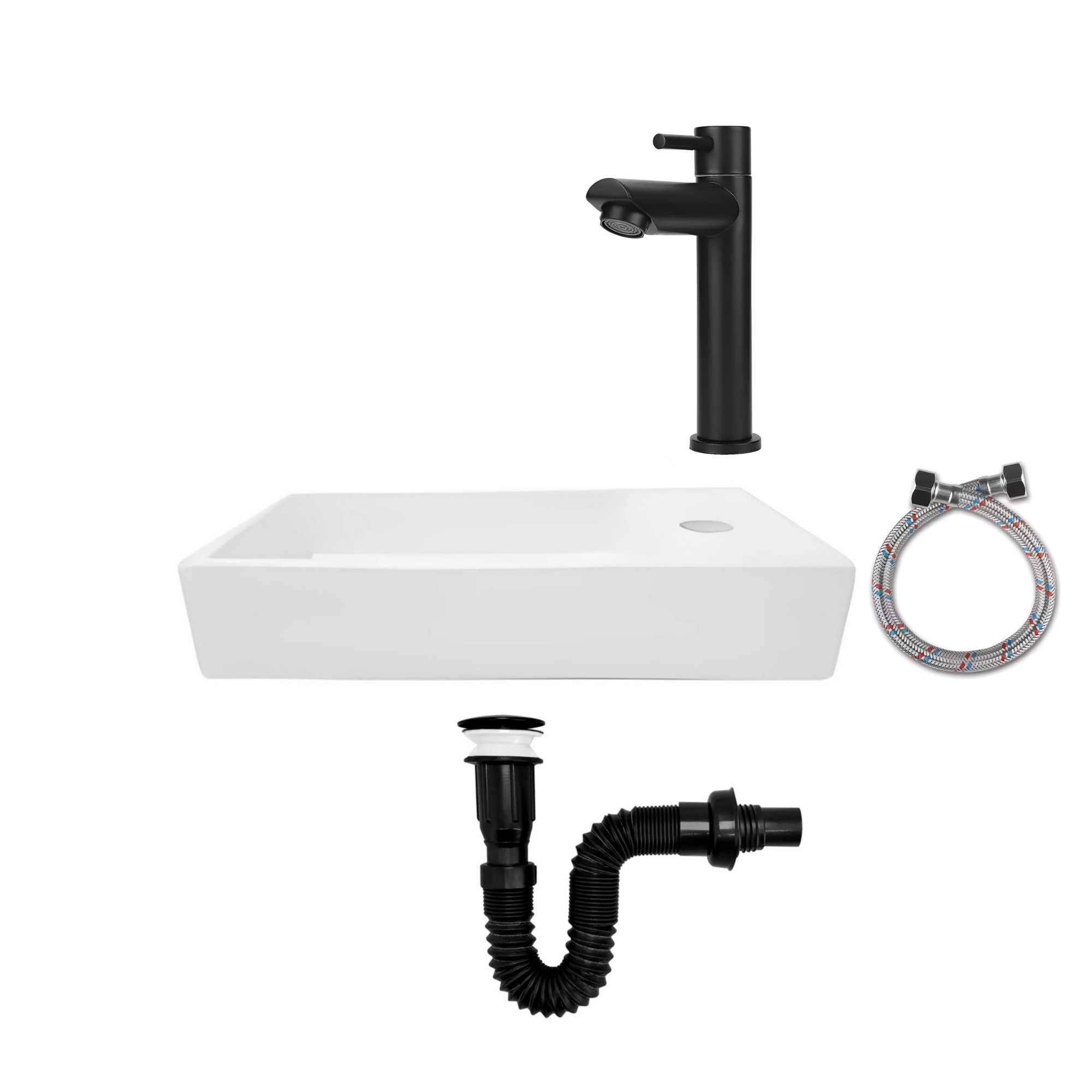 Combo Lavamanos Rectangular + Griferia Agua Fría Negro C824