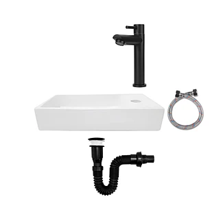 Combo Lavamanos Rectangular + Griferia Agua Fría Negro C824
