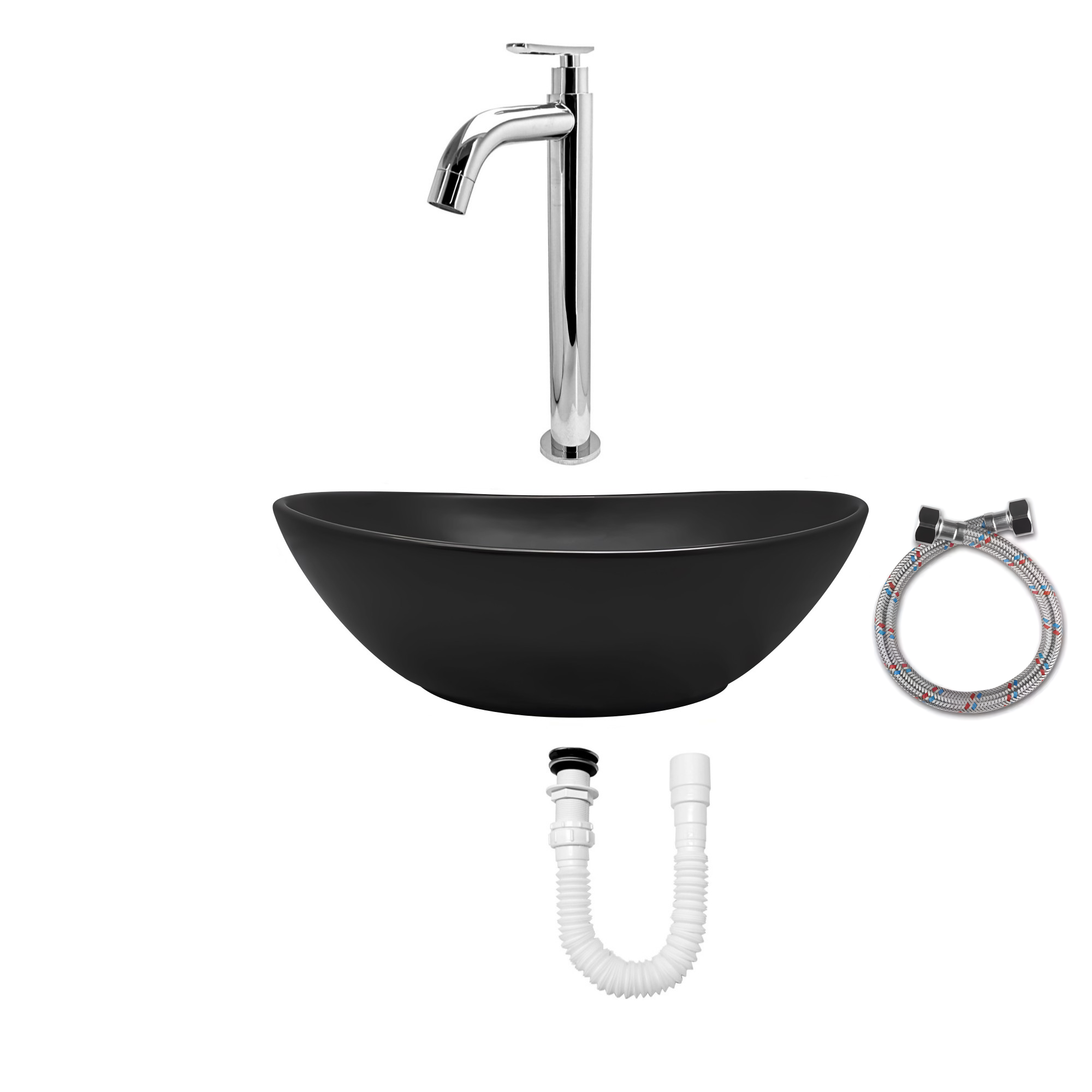 Combo Lavamanos Negro + Griferia Agua Fria + Accesorios C756
