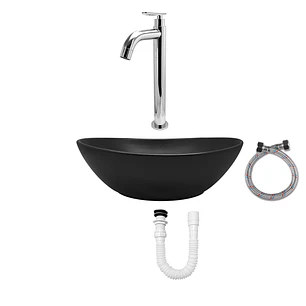 Combo Lavamanos Negro + Griferia Agua Fria + Accesorios C756