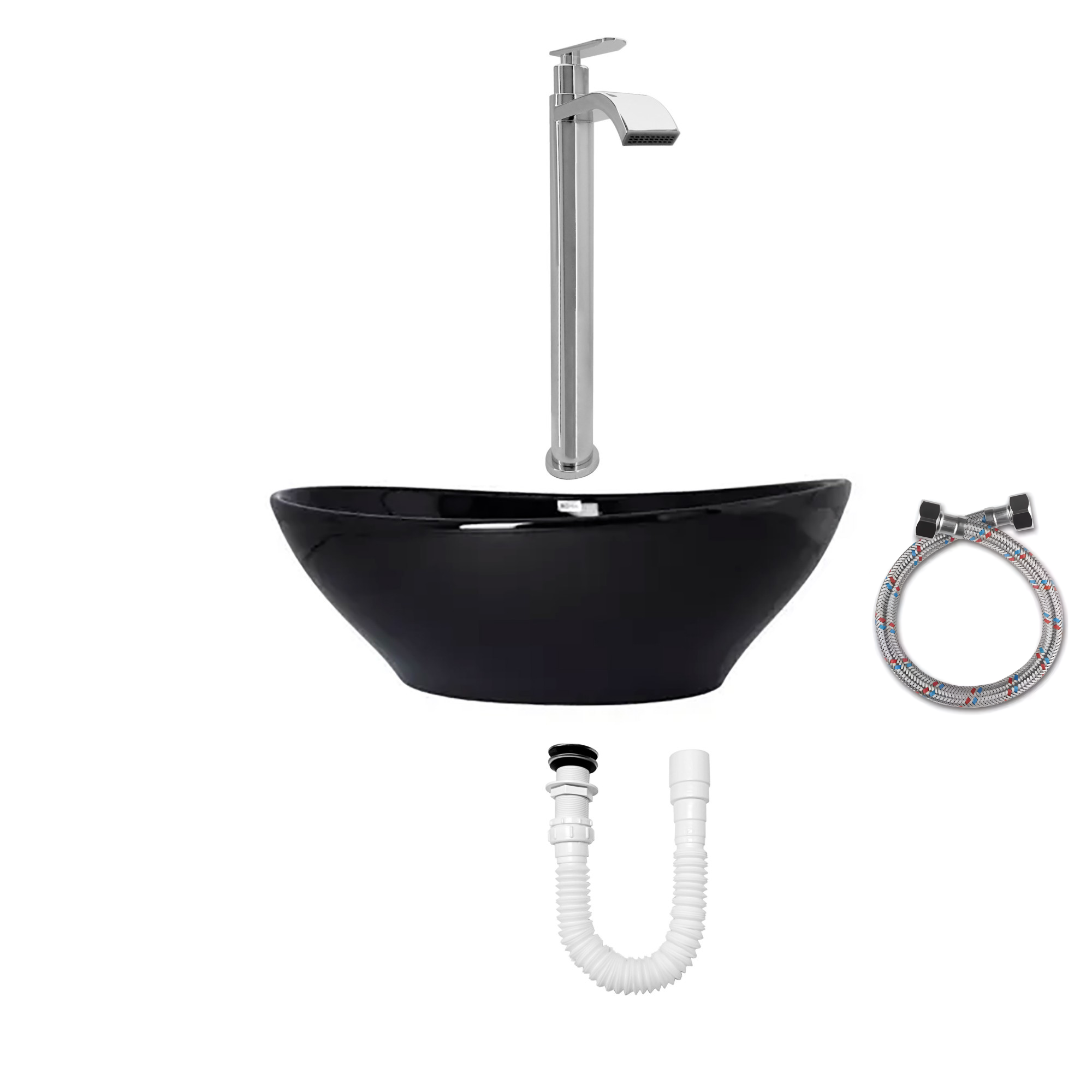 Combo Lavamanos Negro + Griferia Agua Fria + Accesorios C755