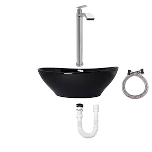 Combo Lavamanos Negro + Griferia Agua Fria + Accesorios C755