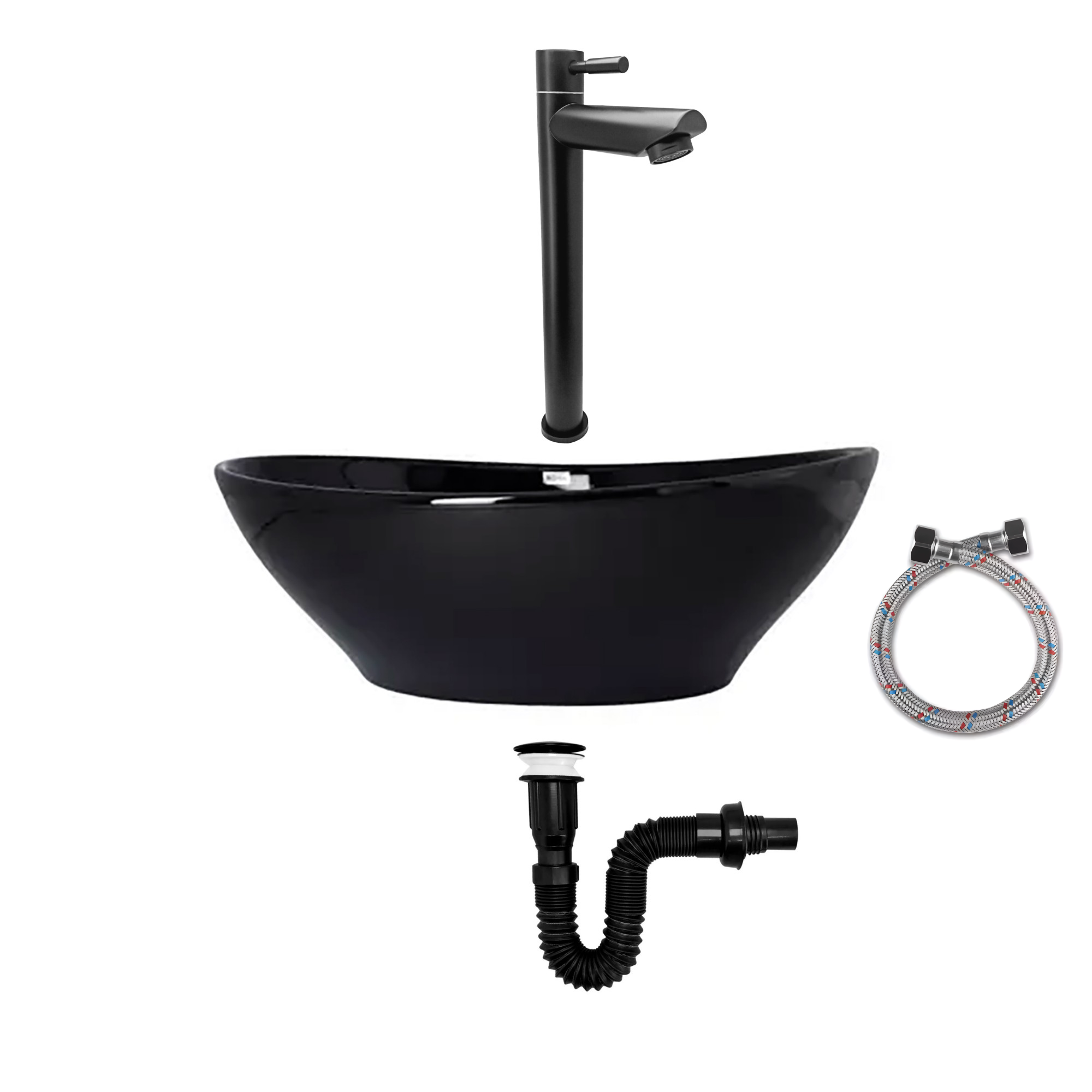 Combo Lavamanos Negro + Griferia Agua Fria + Accesorios C754