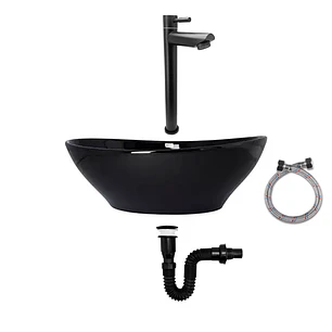Combo Lavamanos Negro + Griferia Agua Fria + Accesorios C754