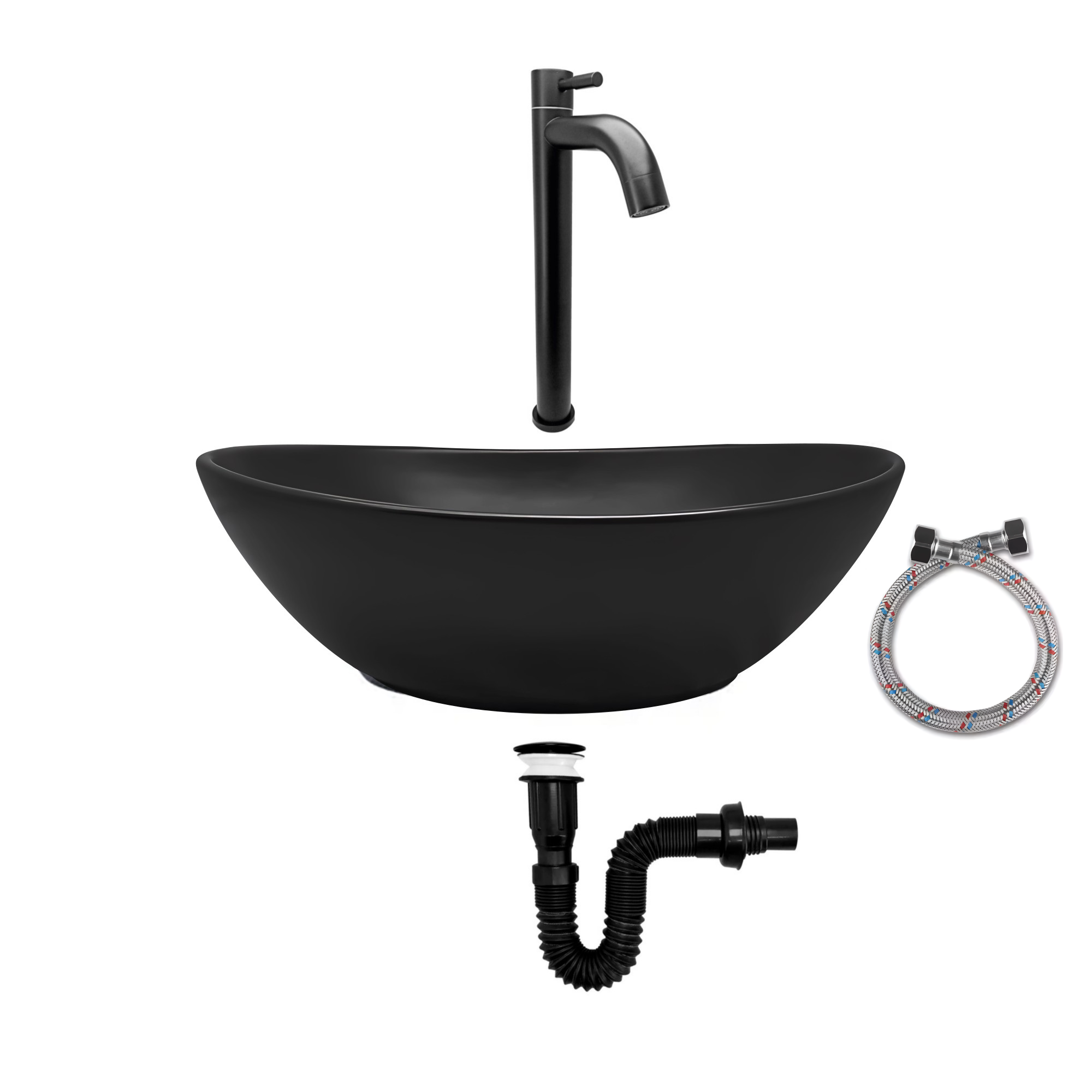 Combo Lavamanos Negro + Griferia Agua Fria + Accesorios C753