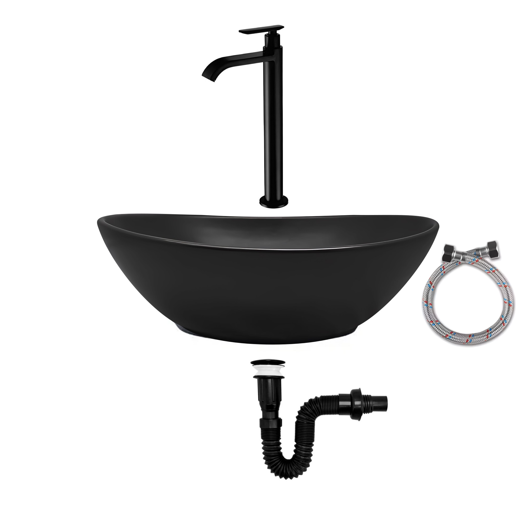 Combo Lavamanos Negro + Griferia Agua Fria + Accesorios C752