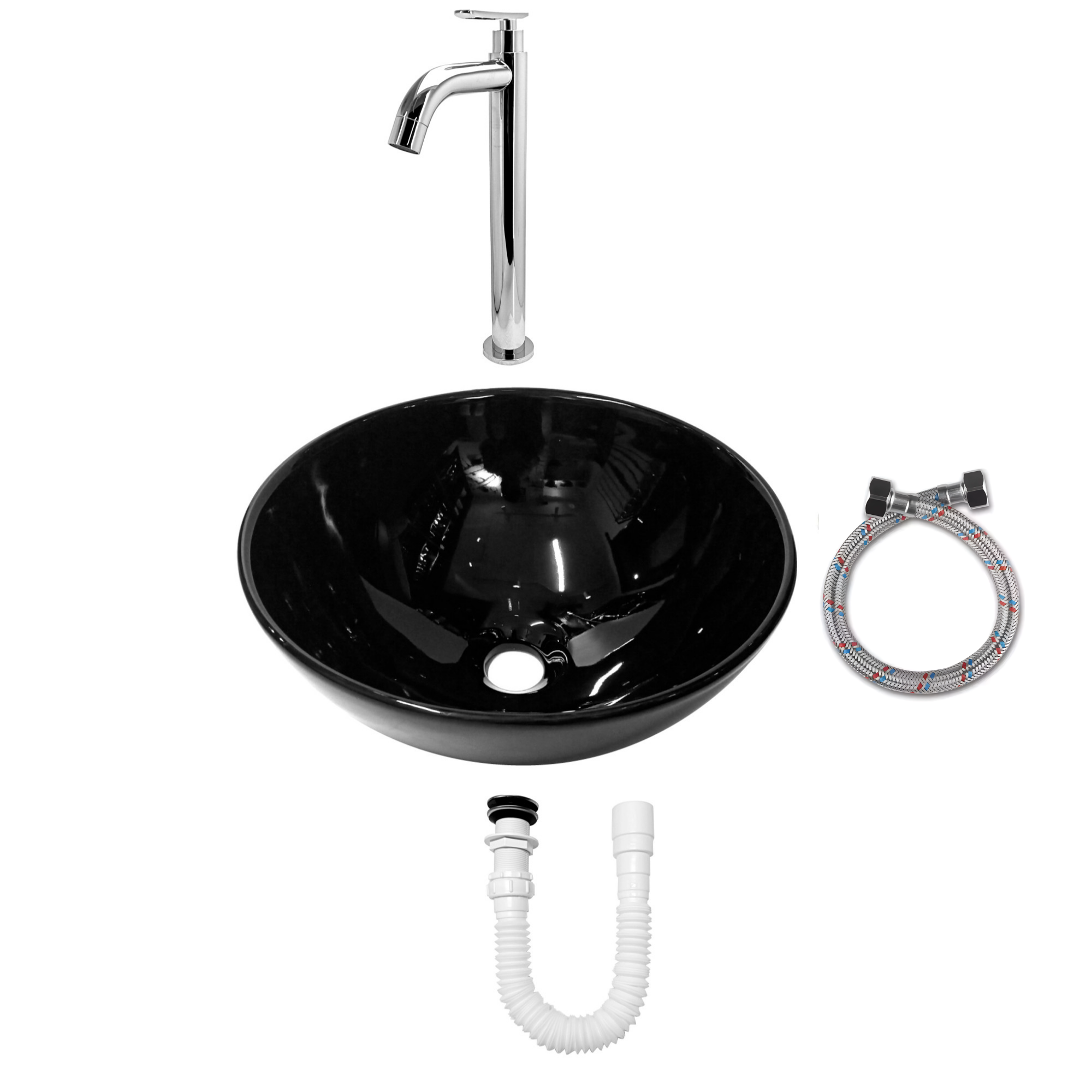 Combo Lavamanos Negro + Griferia Agua Fria + Accesorios C744