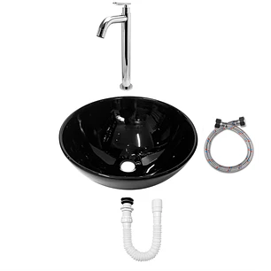 Combo Lavamanos Negro + Griferia Agua Fria + Accesorios C744