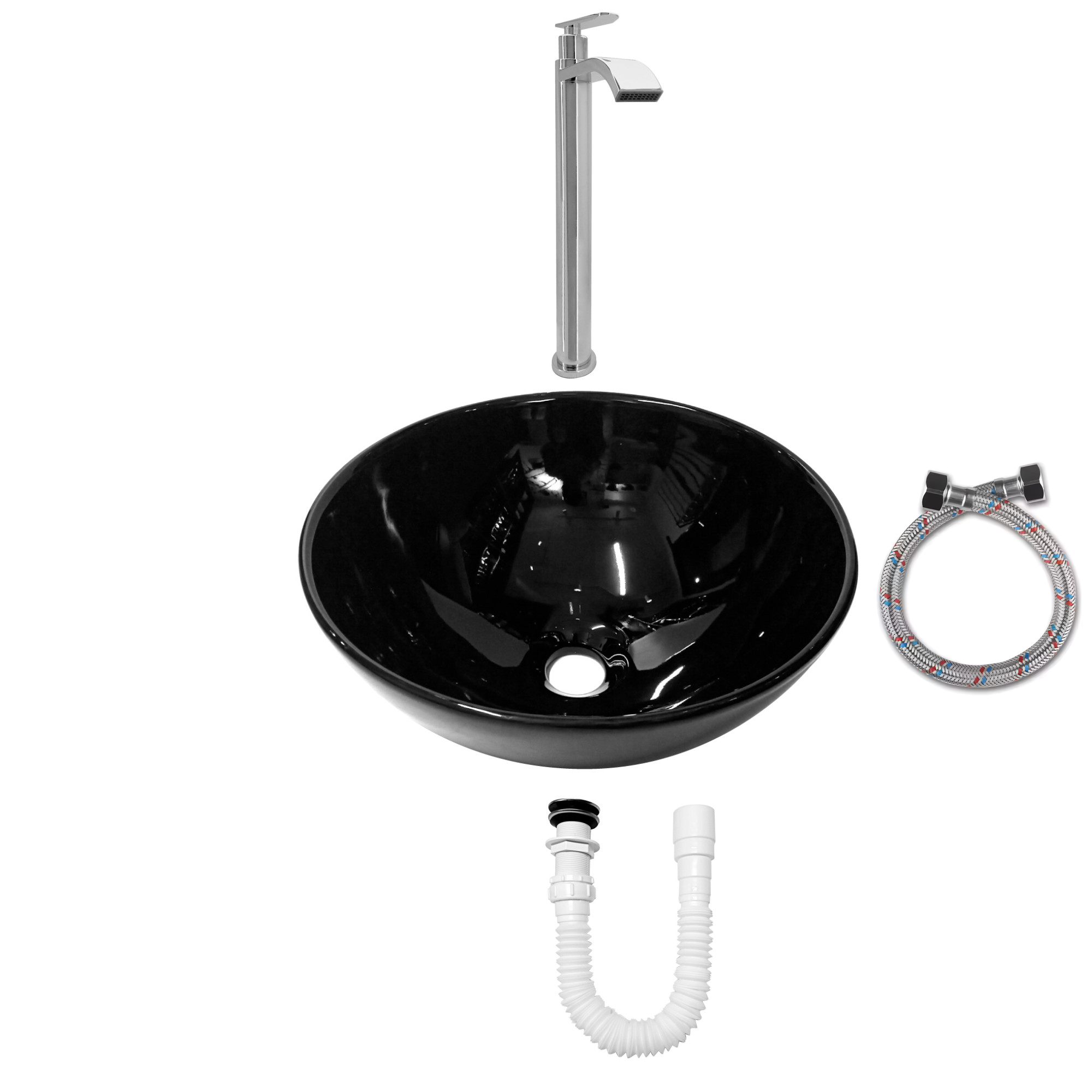 Combo Lavamanos Negro + Griferia Agua Fría + Accesorios C743