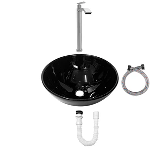 Combo Lavamanos Negro + Griferia Agua Fría + Accesorios C743