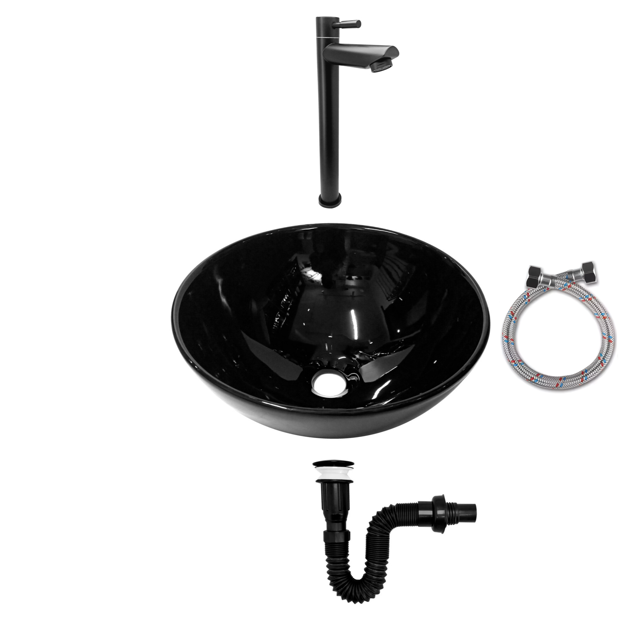 Combo Lavamanos Negro + Grifería Agua Fría + Accesorios C742