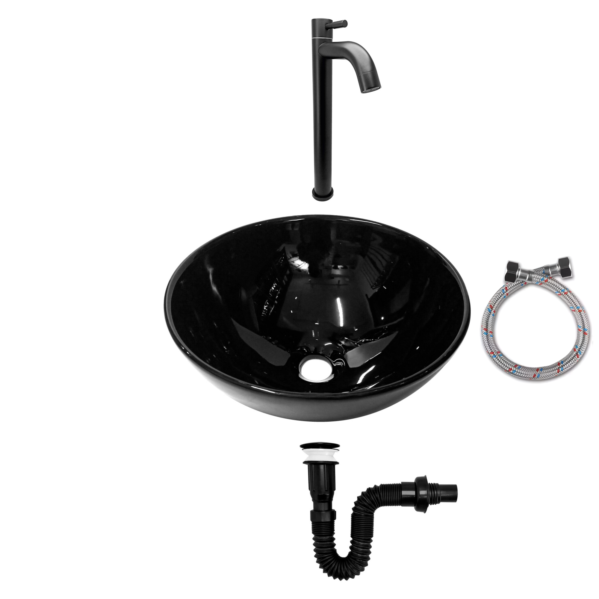 Combo Lavamanos Negro + Grifería Agua Fría + Accesorios C741