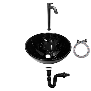 Combo Lavamanos Negro + Grifería Agua Fría + Accesorios C741