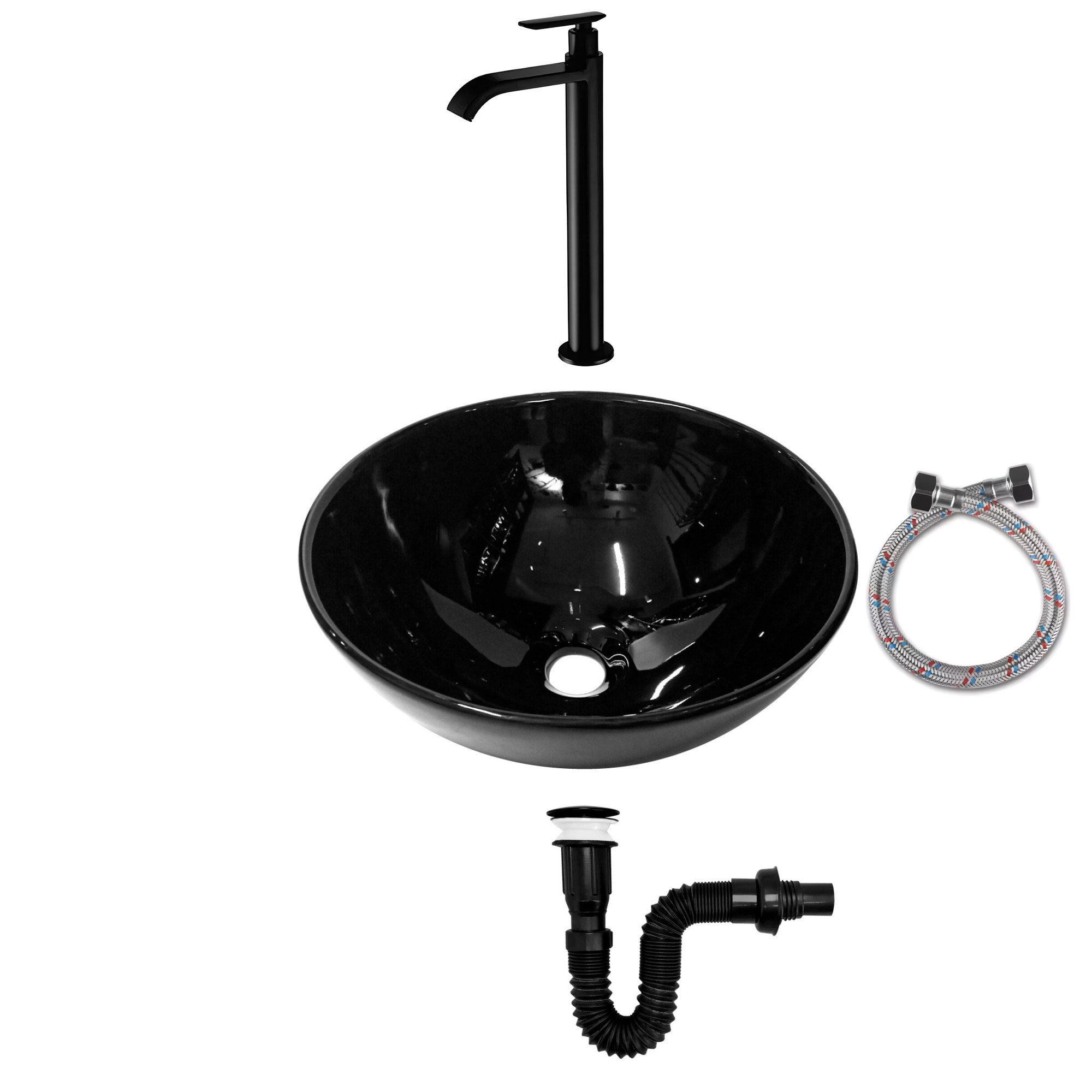 Combo Lavamanos Negro + Griferia Agua Fría + Accesorios C740