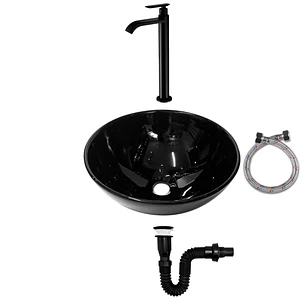 Combo Lavamanos Negro + Griferia Agua Fría + Accesorios C740