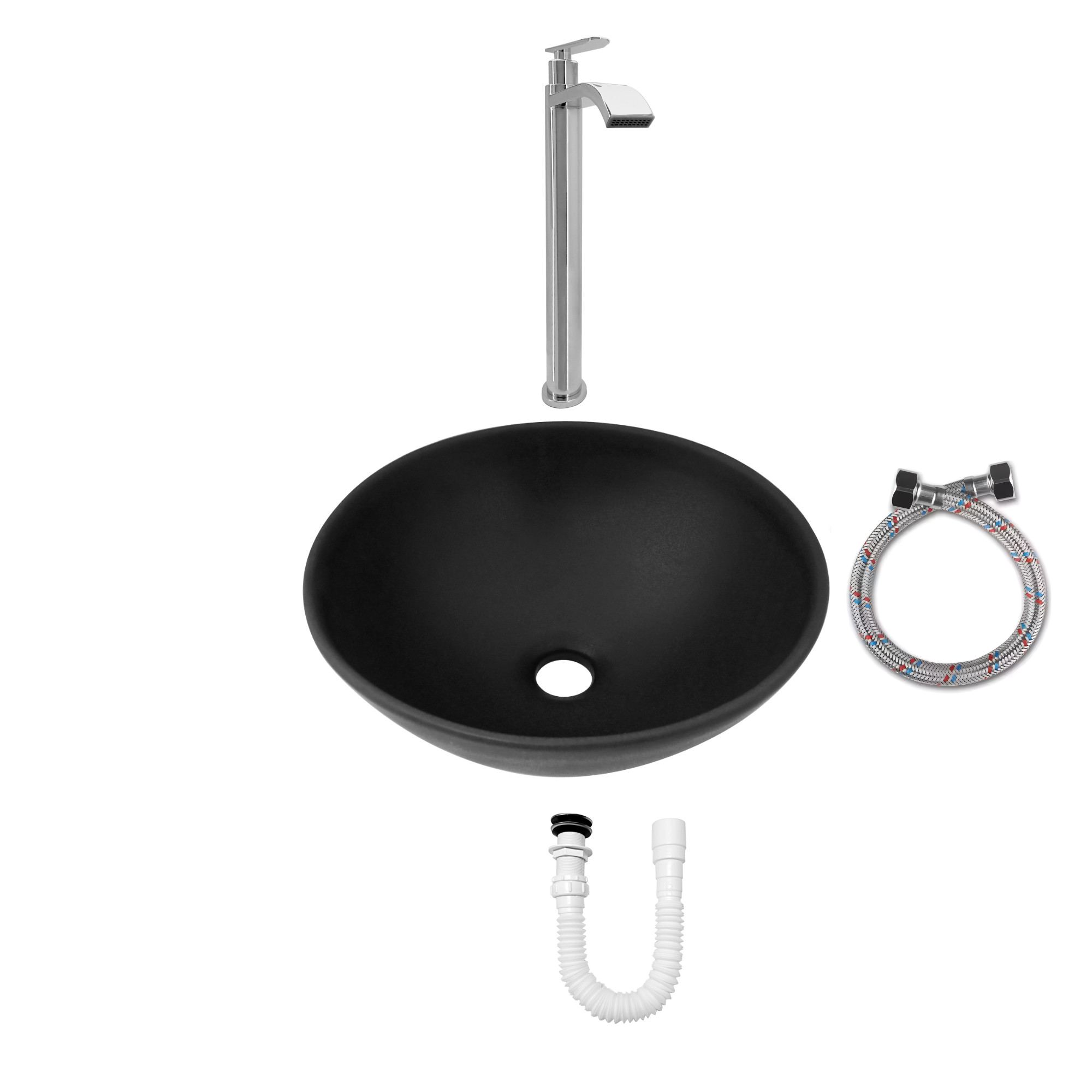 Combo Lavamanos Negro + Griferia Agua Fria + Accesorios C737